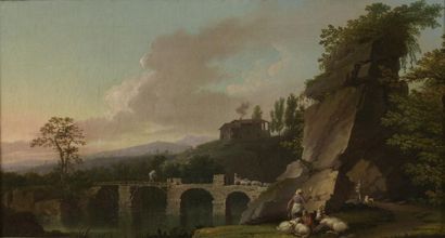 null Attribué à Jacob Philip HACKAERT (1737-1807)
Fileuse et troupeau près d'un pont...