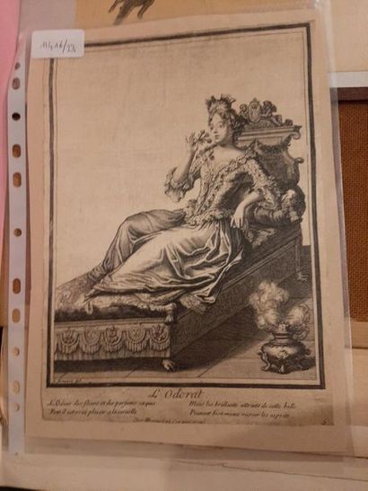 null d'après Robert BONNART (1652-1733)
L'odorat
Estampe sur soie 
H. 26 cm L. 18,5...