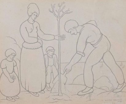 null Agapit VIDAL-SALICHS (XIX-XXème) 
Famille de paysan plantant un arbre
Dessin...