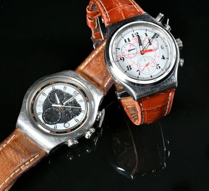 null SWATCH
Lot de deux montres chronographe, bracelets en cuir
Fonctionnement non...