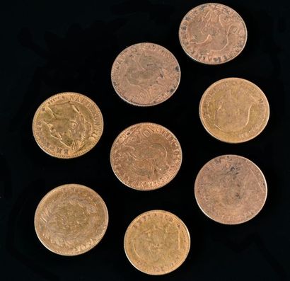 null FRANCE
Lot de huit pièces de monnaie or comprenant:
- une pièce de 5 francs...