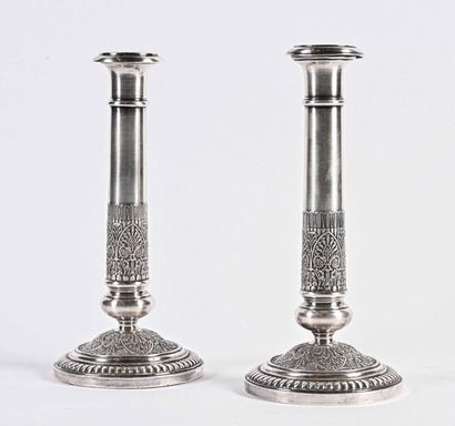 null Pair of torches Silver plated metal with embossed decoration of flowers and...