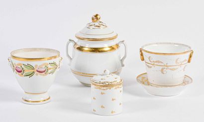null Three covered sugar bowls and a porcelain cream pot XIXth century 

Missing...