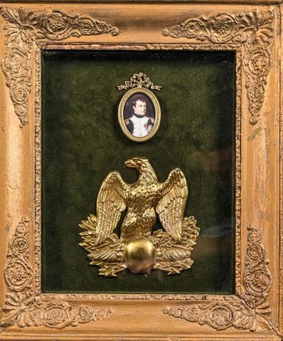 null Frame enclosing a chako plate decorated with an imperial eagle and a reproduction...