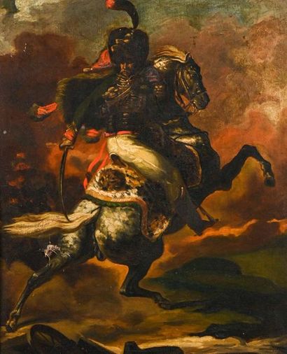 null According to Théodore GERICAULT (1791-1824) Mounted chasseur officer 

Oil on...