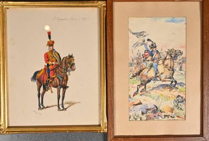 null Hunters on horseback A watercolor signed L.Camaret and a gouache watercolor...