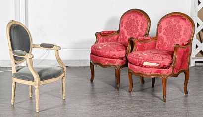 null Pair of Louis XV style shepherdesses, a Louis XVI style armchair
