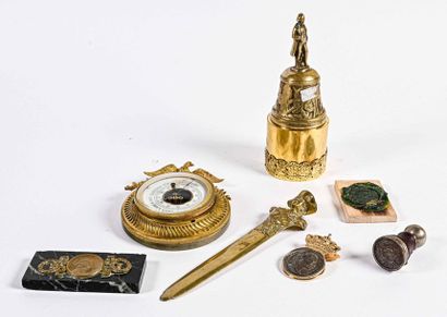 null Batch comprising a letter opener, a stamp, a transformed table bell, a mail...