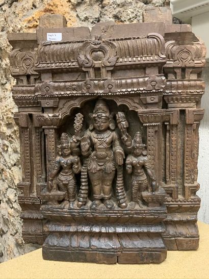 null Two panels (chariot wood?) in carved wood in high relief depicting Vishnu surrounded...