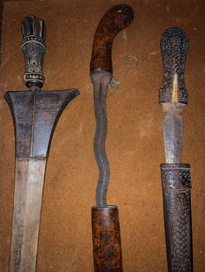null One kriss and two daggers.

One of the daggers with a sinuous blade.

Bone inlays...