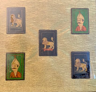 null Five Persian miniatures in the same frame, three lions and two portraits of...