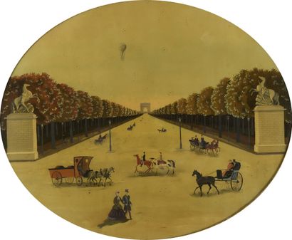 null Grande peinture sous verre ovale représentant l'entrée des Champs Elysées, encadrée...