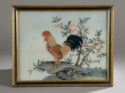 null Trois peintures sous verre représentant un coq, une poule et ses poussins, un...