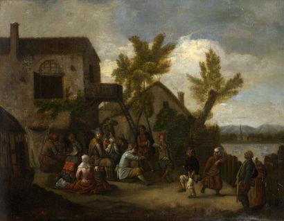 null École FLAMANDE dans le goût de Teniers

Scène villageoise au bord d'une rivière

Huile...