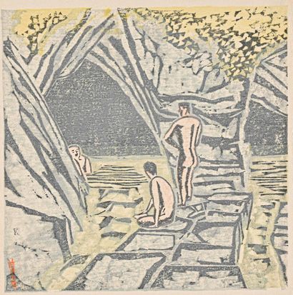 JAPON, années 50 Estampe japonaise représentant des Vénus prenant leurs bains 

Peinte...