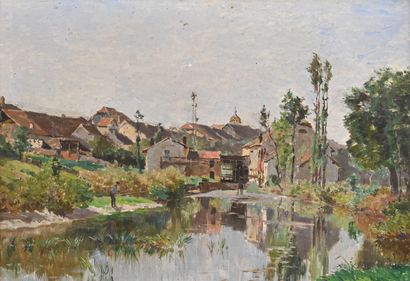 Edmond Marie PETITJEAN (1844-1925) Pêcheur à l'entrée d'un village, 

Huile sur toile,...
