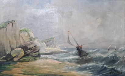 H. LEBRUN, école française du XIXe siècle Voilier dans la tempête 

Huile sur toile...