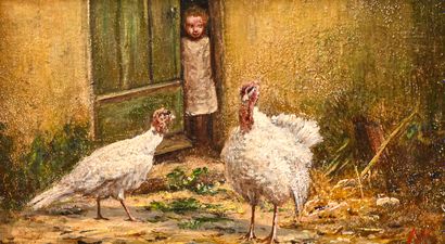 École du XIXe siècle 
Backyard scene with turkeys and rabbits 


Pair of oil paintings...