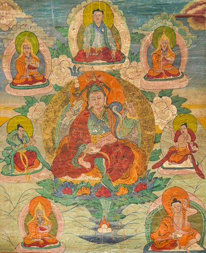 TIBET - XIXème siècle Tangka figurant le Lama Dalaï entouré de sept disciples

H....