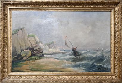 H. LEBRUN, école française du XIXe siècle Voilier dans la tempête 

Huile sur toile...