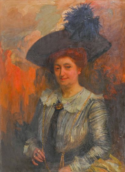 Charles FOUQUERAY (1869-1956) Portrait de femme au chapeau à plumes

Huile sur toile,...