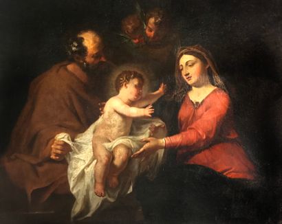 Ecole ITALIENNE , XVIIe siècle The Holy Family 

Oil on canvas 

H. 72 cm - L. 90...