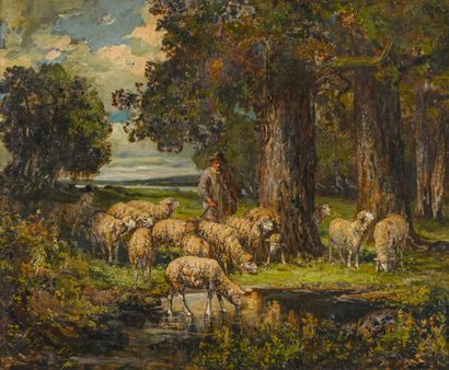 Ecole FRANCAISE de la fin du XIXème siècle Troupeau de moutons dans un paysage,

Huile...
