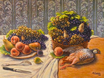 Mathieu Corizzi (1891-1976) Nature morte à la perdrix, à la corbeille à et l'assiette...