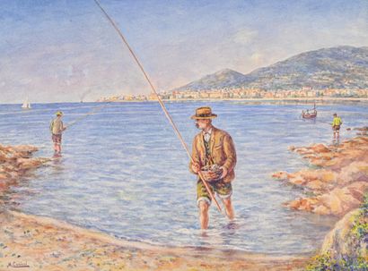 Mathieu Corizzi (1891-1976) Pêcheurs à la ligne dans le golfe d’Ajaccio, avec la...