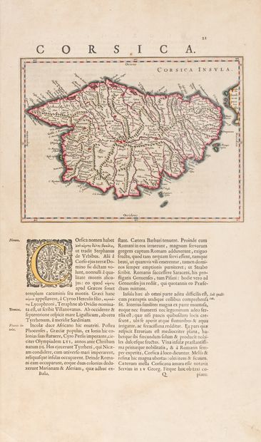 BLAEU, Willem Corsica insula, 1640. 18 x 23, watercoloured borders. On the same page...