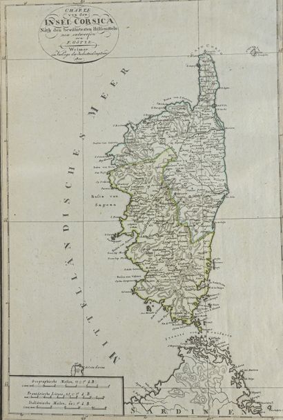 Götze, Von F Charte von der Insel Corsica. Weimar, 1801. 45 x 30, limites aquarellées...