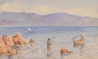 Paul Corizzi (1883-1953) Fisherman on his boat and angler. Watercolor on paper, 14...