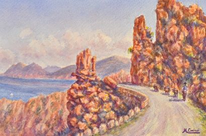 Mathieu Corizzi (1891-1976) Les calanques de Piana. Aquarelle sur papier, 23,5 x...