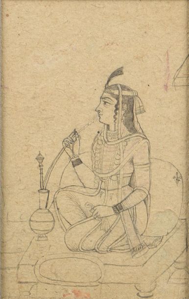 null Femme fumant la huqqa
Dessin au trait noir
Inde du Nord, XVIII - XIXe siècle
H....