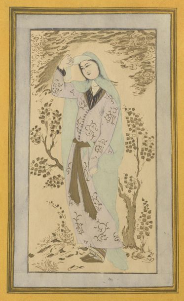 null Une femme dans un paysage
Qajar de style safavide, XIXe siècle
H. 27 cm - L....