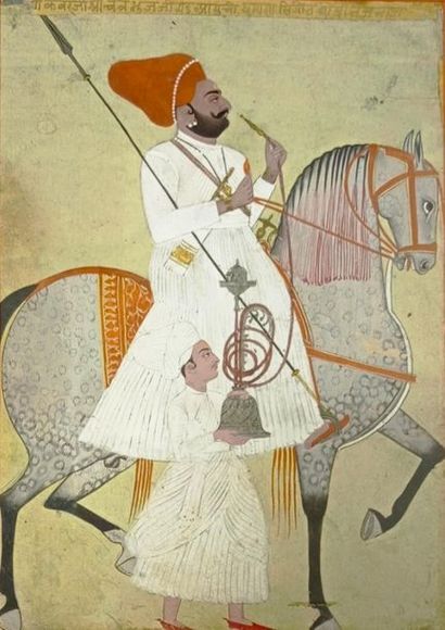 null Portrait d'un noble Sikh sur son cheval 
Pigments polychromes, or et argent...