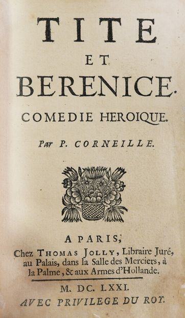 null CORNEILLE (Pierre). Tite et Bérénice. Comédie héroïque.

Paris, Thibaud Joly,...
