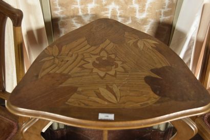null Small triangular table with two tops, in mahogany with inlaid water lily decoration....