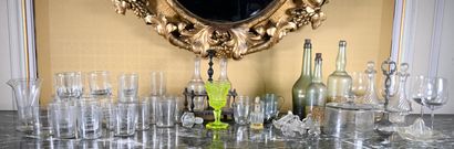 null Lot of glassware including: stemmed glasses, cups, bell, bottles, two oil and...