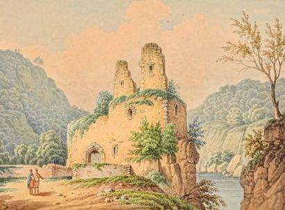 null Ecole française du XIXe siècle

Château ruiné au bord d'une rivière. Aquarelle...