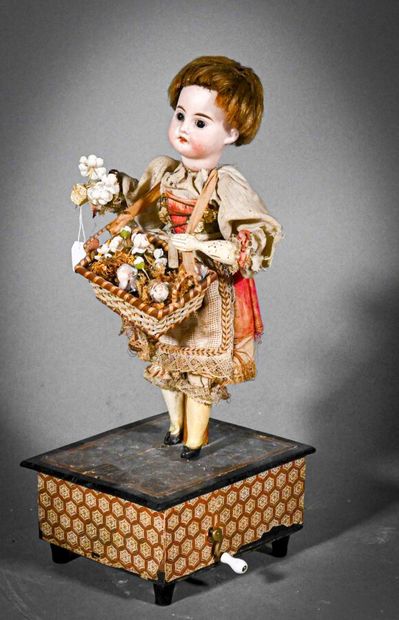 null Antique wind-up automaton "La marchande de fleurs", German bisque head doll...