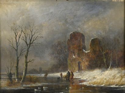 null French school of the XIXth century

Landscapes of snowy ruins

Oil on panel,...