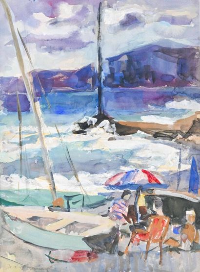 Jean COMMUNAL (1911-1982) 
Sur la plage 
Aquarelle,...