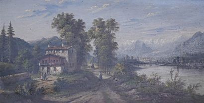  A. RUEFF (XIX-XXe siècle) 
Bord de lac animé aux pieds des montagne 
Deux huiles...