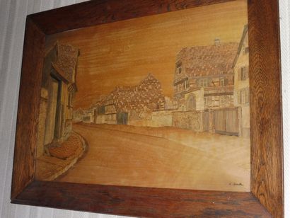  SPINDLER (1865-1938) 
Rue en Alsace 
Marqueterie de bois signée en bas à droite...