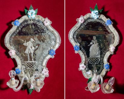 null Pair of moving mirrors made of threaded glass decorated with coloured flowers....