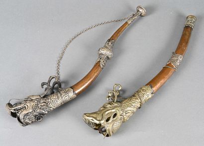 null Two small Tibetan ritual trumpets with snake heads, brass and silver-plated...