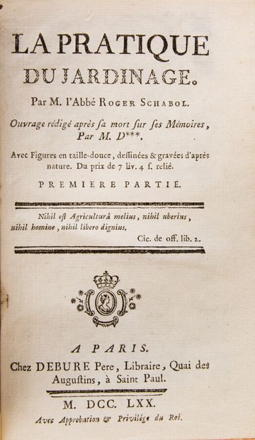 null SCHABOL (Roger). La Pratique du jardinage. Paris, Debure père, 1770. 2 vol....