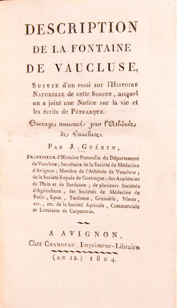 null Provence - Midi - GUERIN (J.). Description of the fountain of Vaucluse, followed...