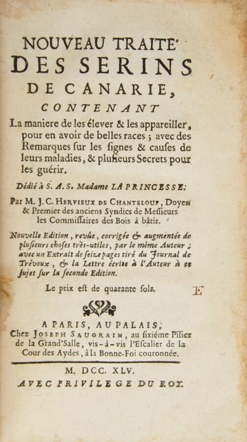  HERVIEUX de CHANTELOUP (J.C.). New treatise on the Serins de Canarie, containing...